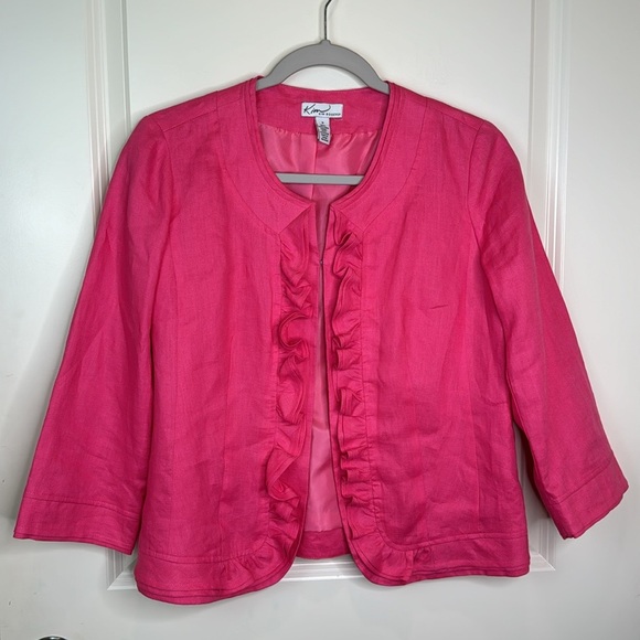 Kim Rogers Linen Jacket Pink Ruffle Trim Cropped Sz S - Picture 3 of 15